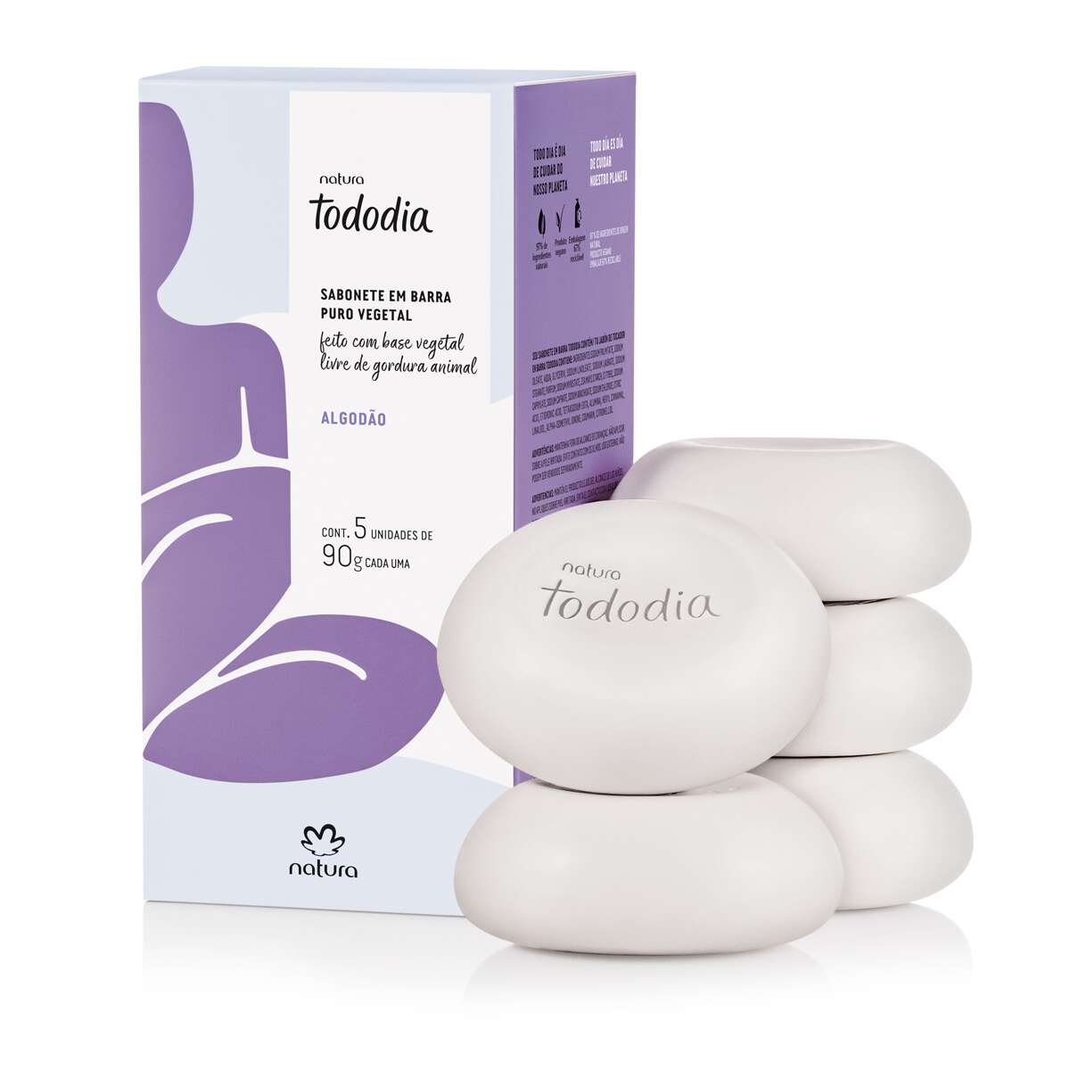 Pastilla de Jabón de Algodón Vegetal Puro Tododia - 5 unidades de 90g