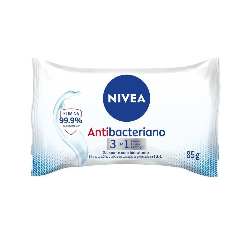 Nivea Sabonete em Barra Antibacteriano 3 emNivea Sabonete Antibacteriano 3 emNivea Sabonete Antibacteriano 3 em 1 Mulher Aplicando Produto Pele 85g 1 Verso Embalagem Ingredientes 85g 1 Elimina Bacterias 85g