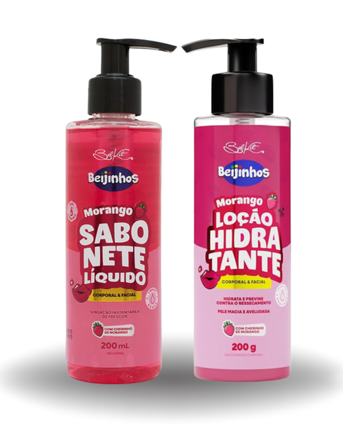 Belkit Kit Beijinhos Morango Sabonete Liquido Corporal Facial Locao Hidratante Pele Macia Aveludada 200ml