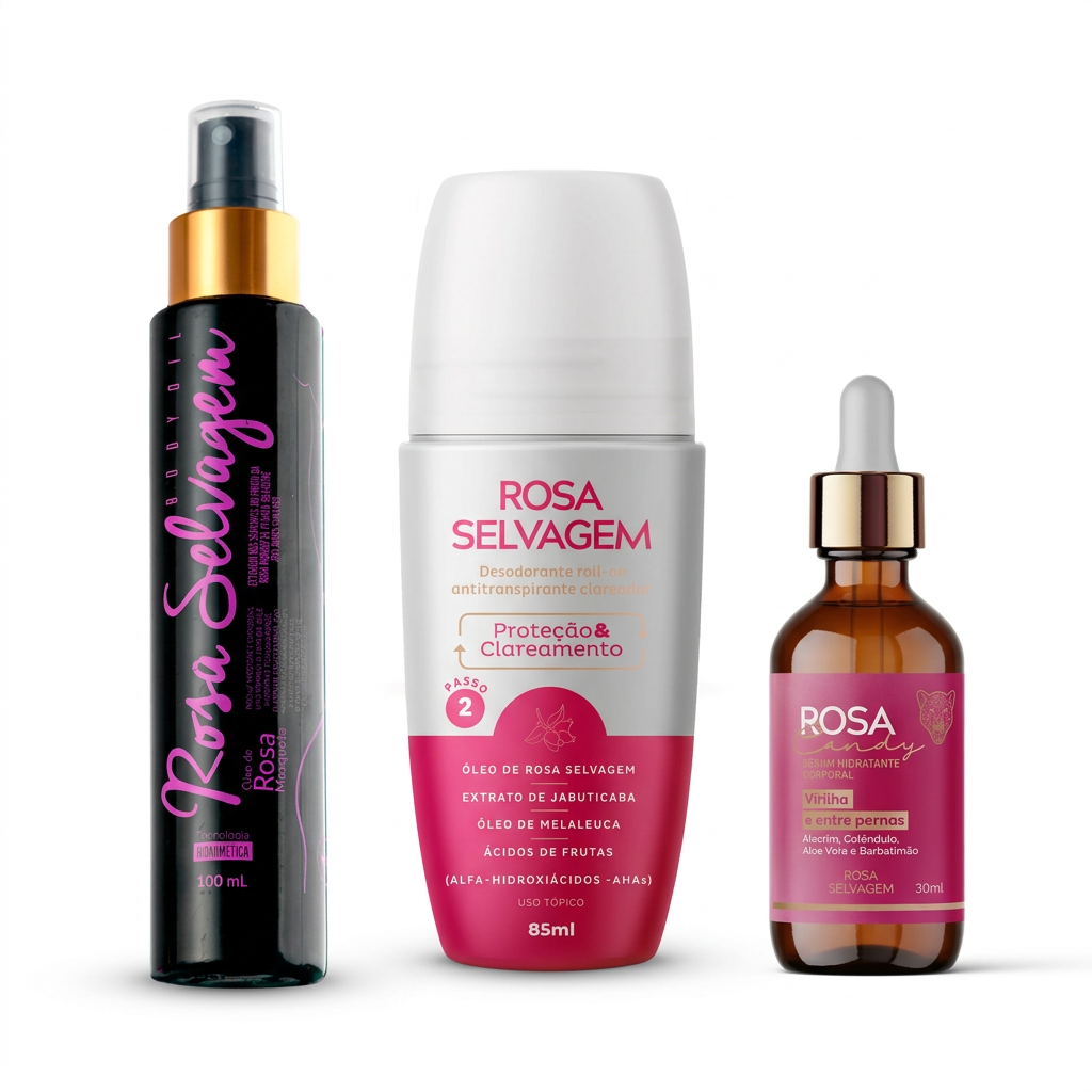 Kit Rosa Selvagem óleo 100ml roll-on 85ml sérum Candy 30ml