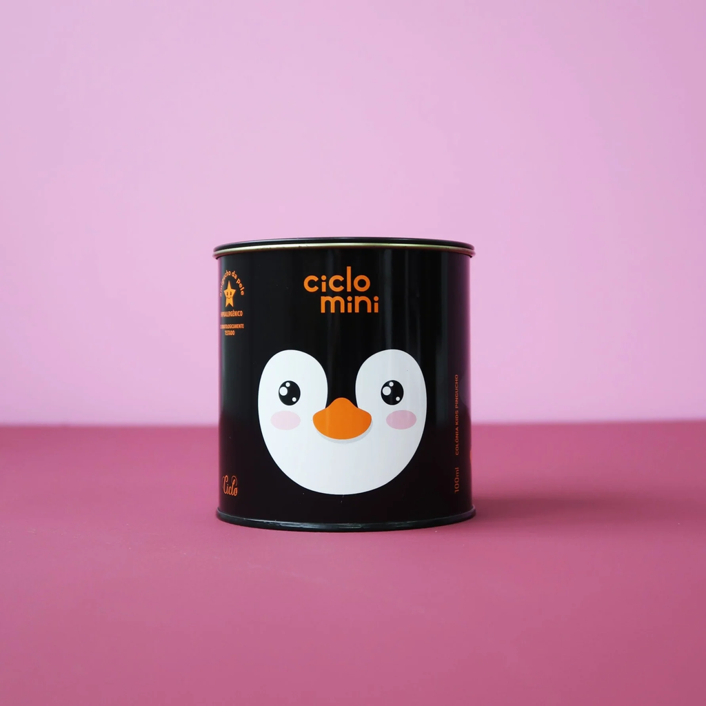 Ciclo Mini Pingucho - lata colecionável pinguim preta fundo rosa