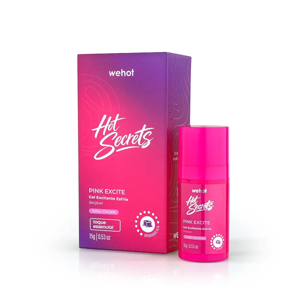 Gel Excitante Esfria Pink Excite Chiclete Hot Secrets Wehot 15g - caixa e frasco pink degradê roxo