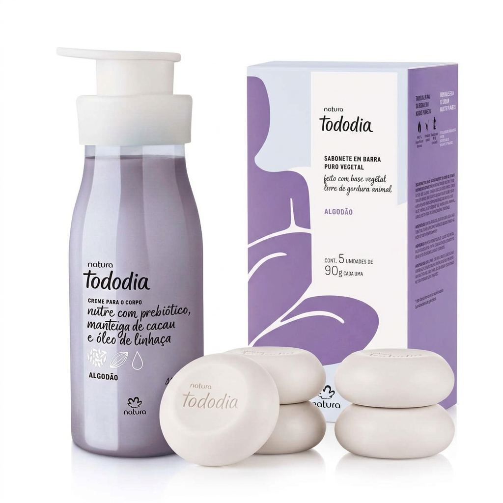 Kit Natura Tododia Algodão hidratante 400ml e sabonetes 5x90g