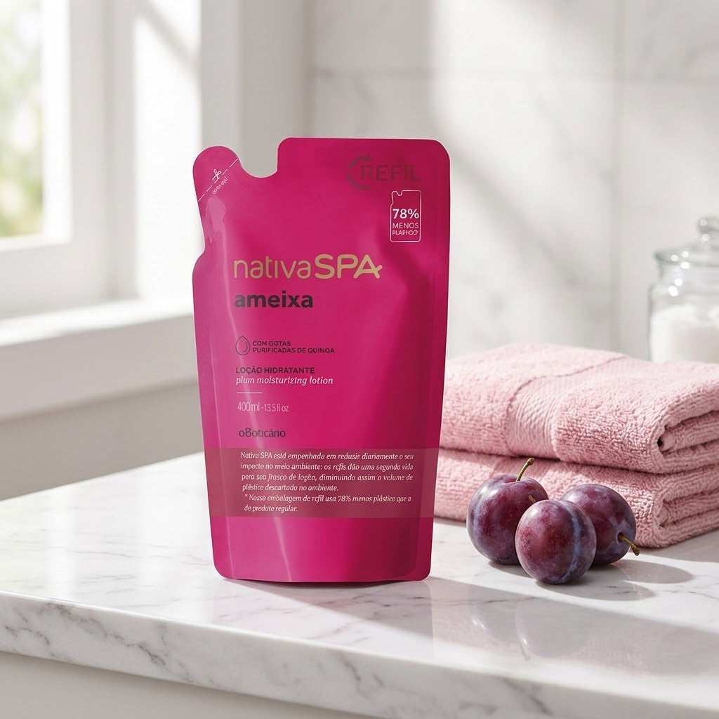 O Boticário Nativa SPA Refil Loção Hidratante Ameixa 400ml - ambientada banheiro